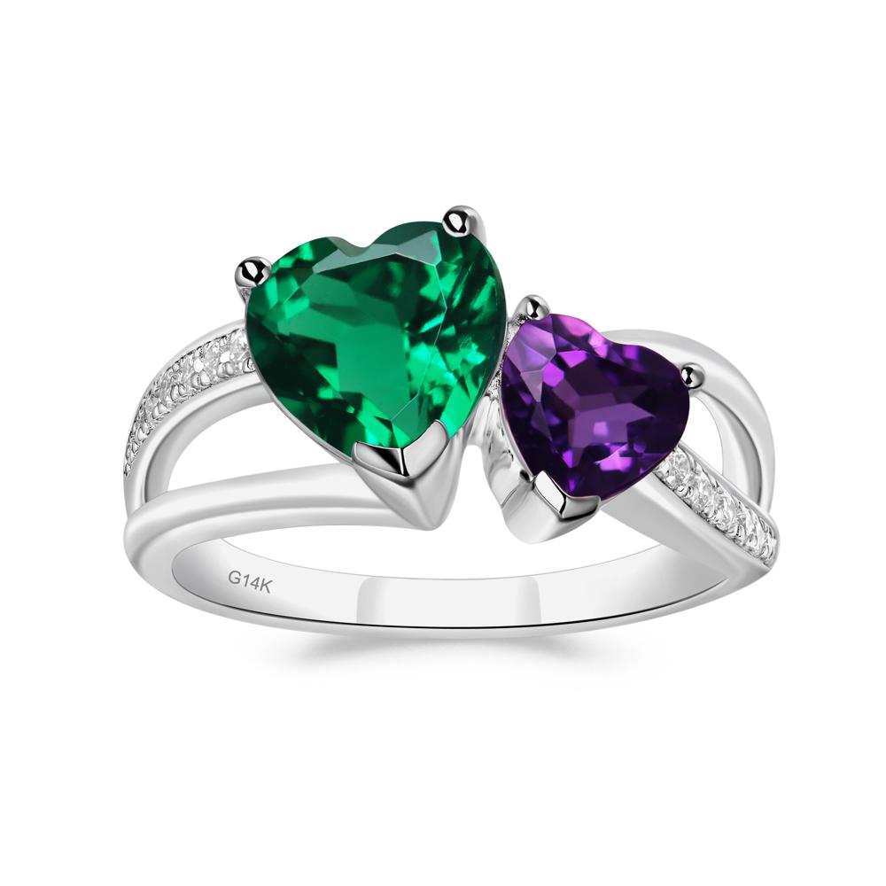 Heart Shaped Lab Grown Emerald and Amethyst Toi Et Moi Ring - LUO Jewelry #metal_14k white gold