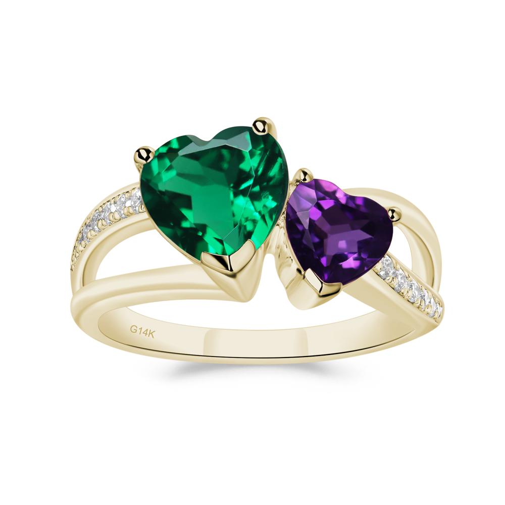 Heart Shaped Lab Grown Emerald and Amethyst Toi Et Moi Ring - LUO Jewelry #metal_14k yellow gold