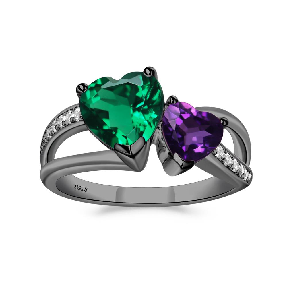 Heart Shaped Lab Grown Emerald and Amethyst Toi Et Moi Ring - LUO Jewelry #metal_black finish sterling silver
