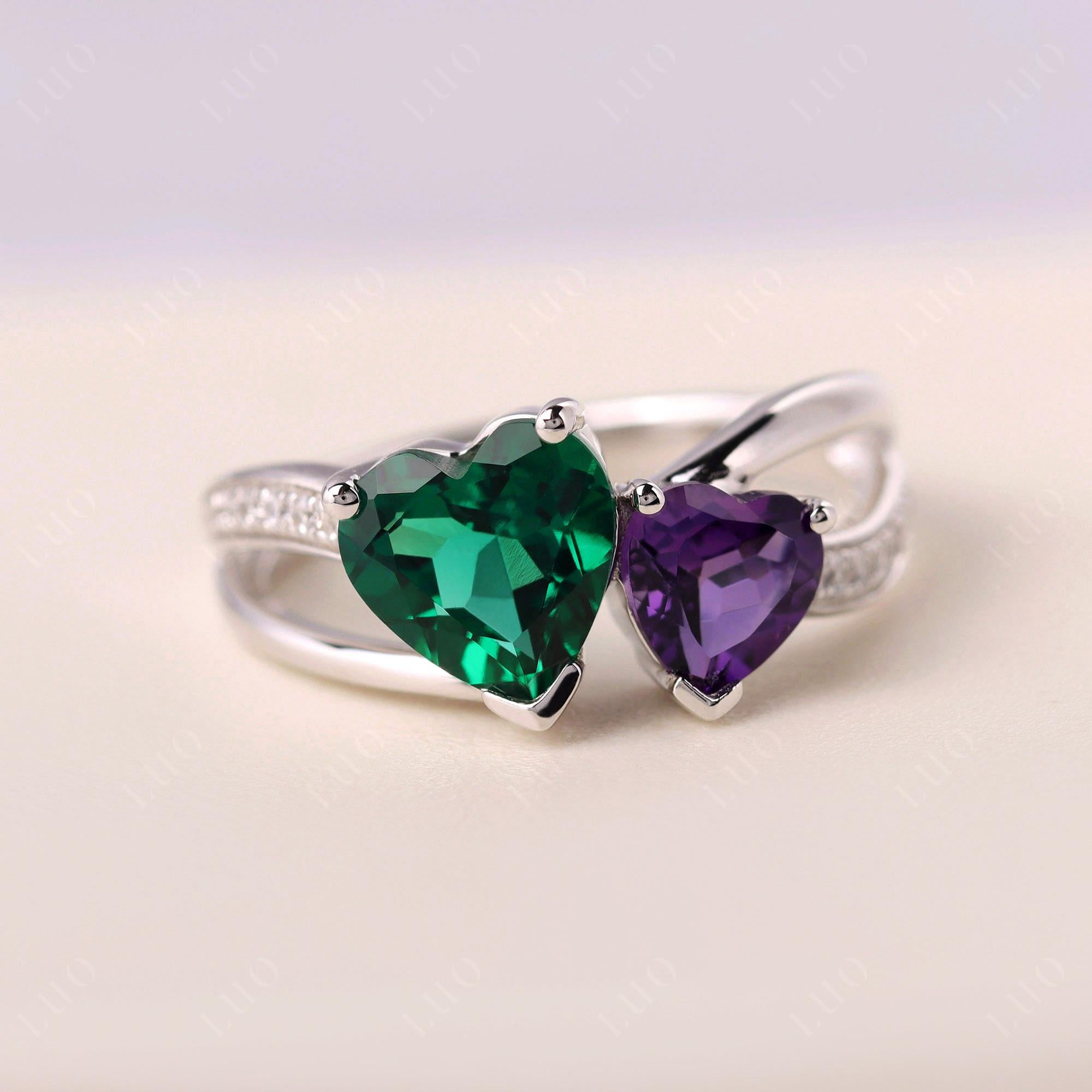 Heart Shaped Lab Grown Emerald and Amethyst Toi Et Moi Ring - LUO Jewelry