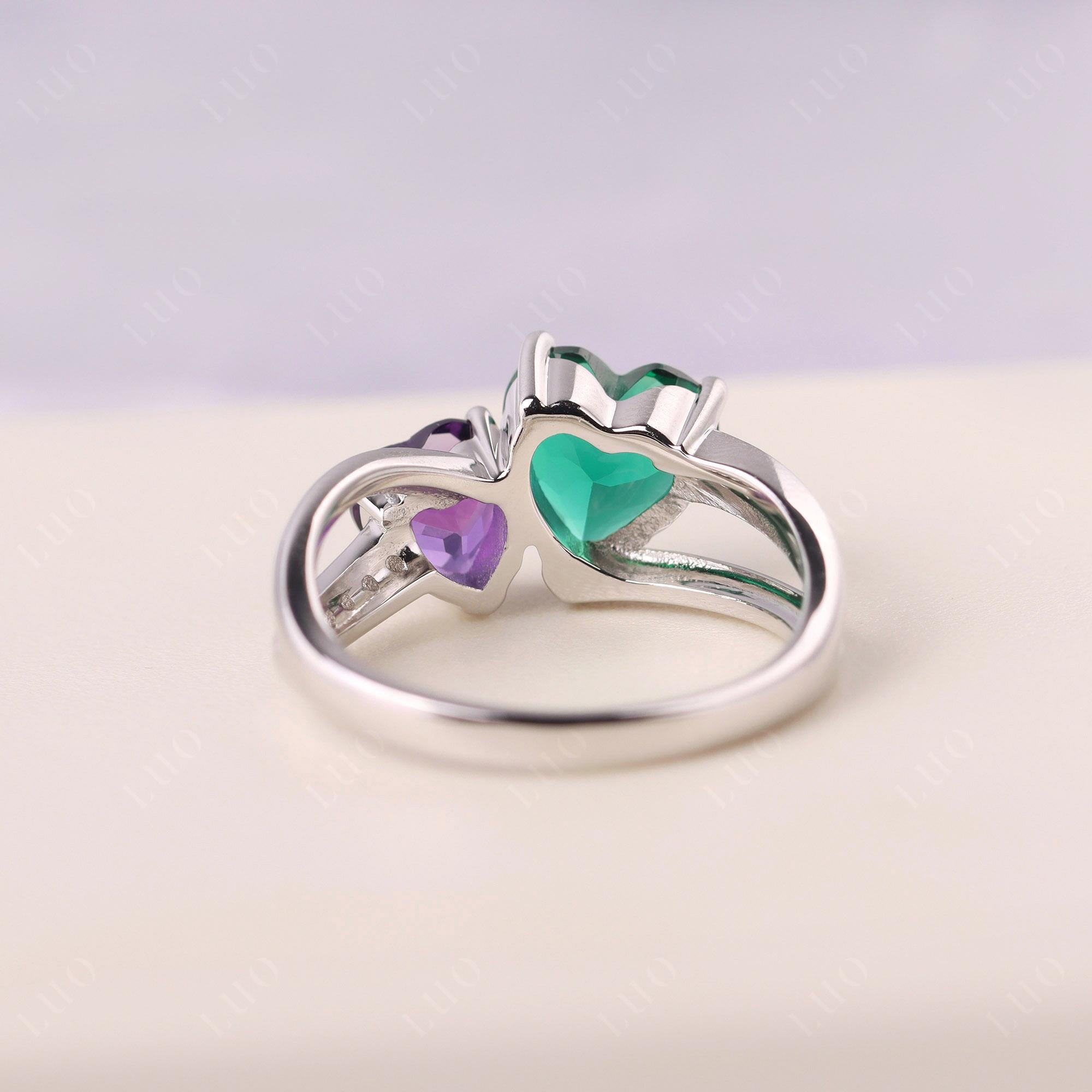 Heart Shaped Lab Grown Emerald and Amethyst Toi Et Moi Ring - LUO Jewelry