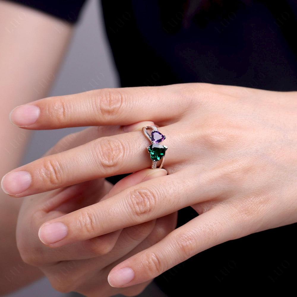 Heart Shaped Lab Emerald and Amethyst Toi Et Moi Ring