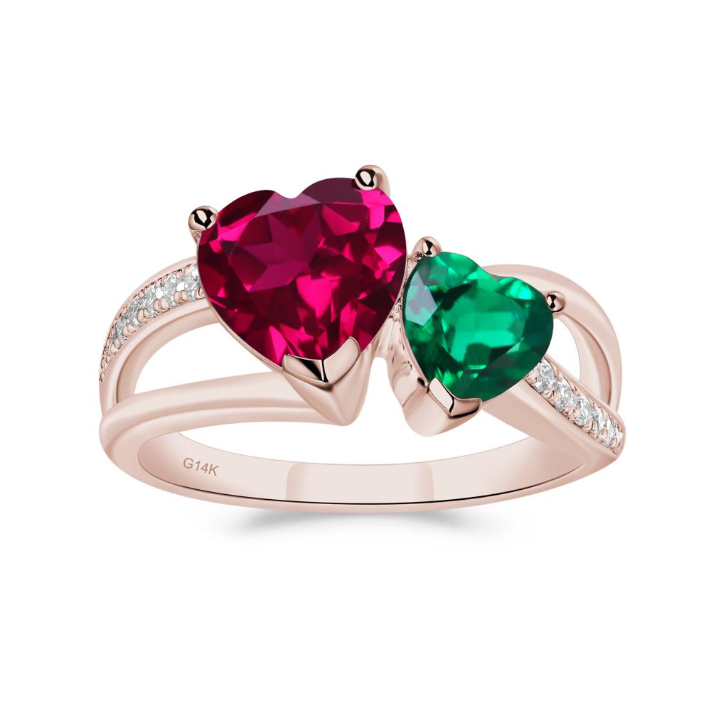 Heart Shaped Emerald and Ruby Toi Et Moi Ring - LUO Jewelry #metal_14k rose gold