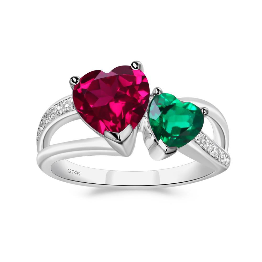 Heart Shaped Emerald and Ruby Toi Et Moi Ring - LUO Jewelry #metal_14k white gold