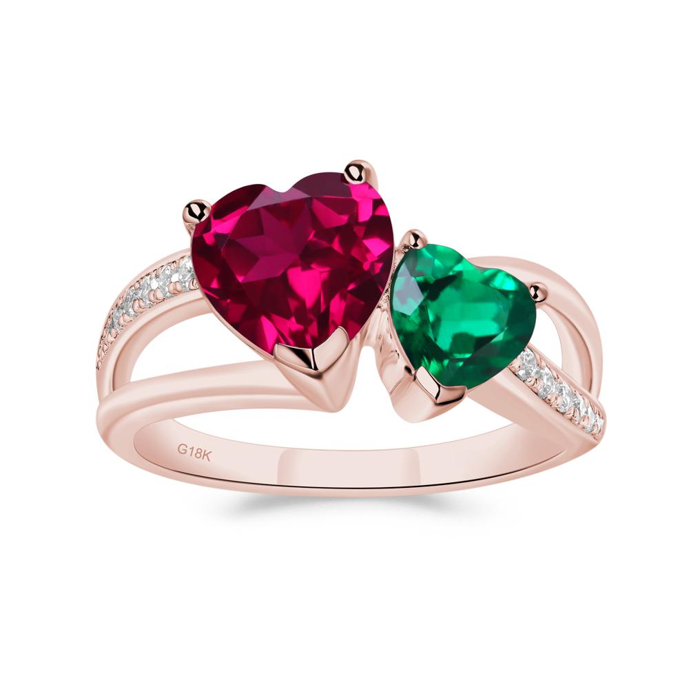 Heart Shaped Emerald and Ruby Toi Et Moi Ring - LUO Jewelry #metal_18k rose gold