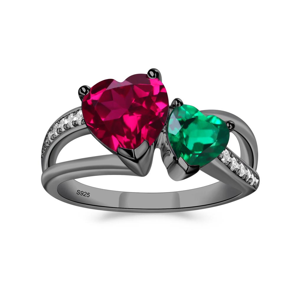 Heart Shaped Emerald and Ruby Toi Et Moi Ring - LUO Jewelry #metal_black finish sterling silver