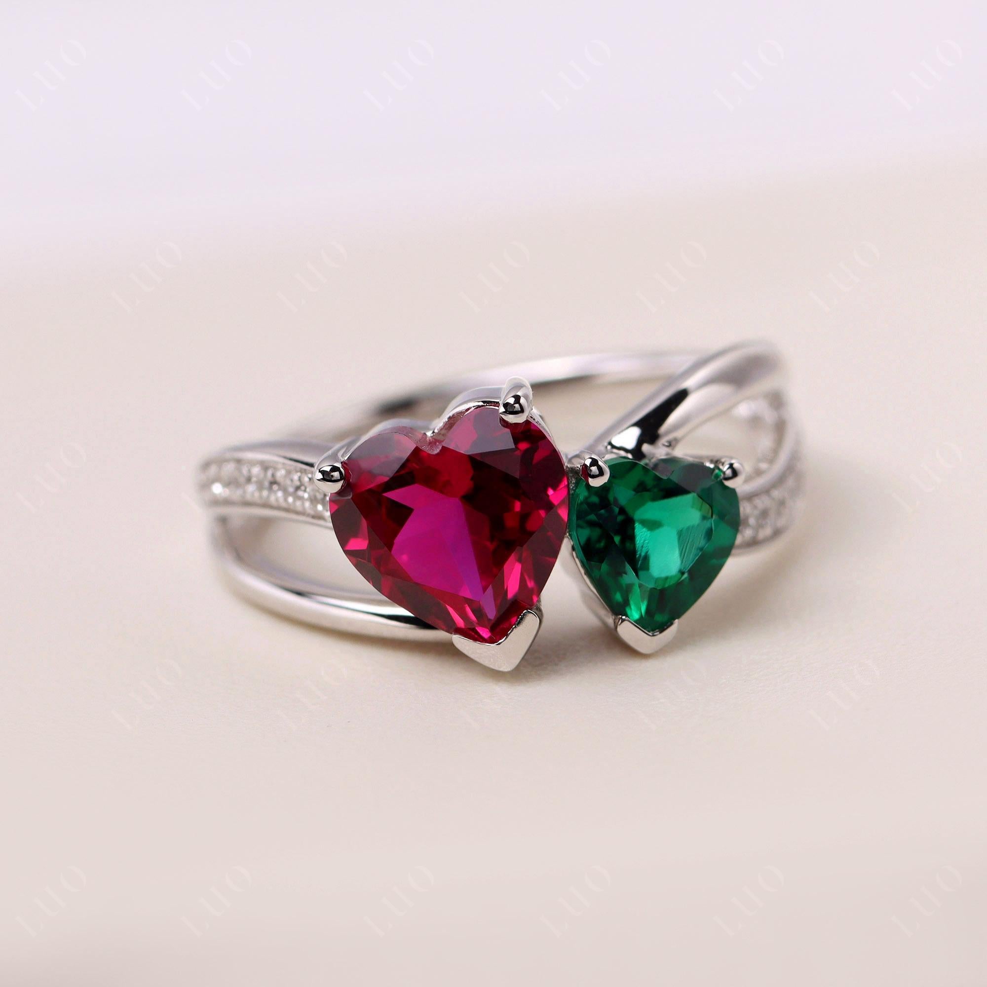 Heart Shaped Emerald and Ruby Toi Et Moi Ring - LUO Jewelry