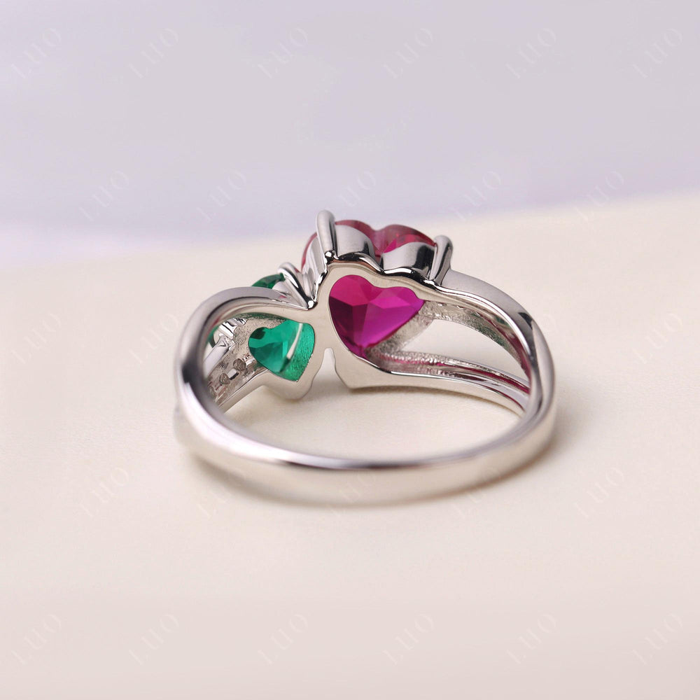 Heart Shaped Lab Emerald and Lab Ruby Toi Et Moi Ring