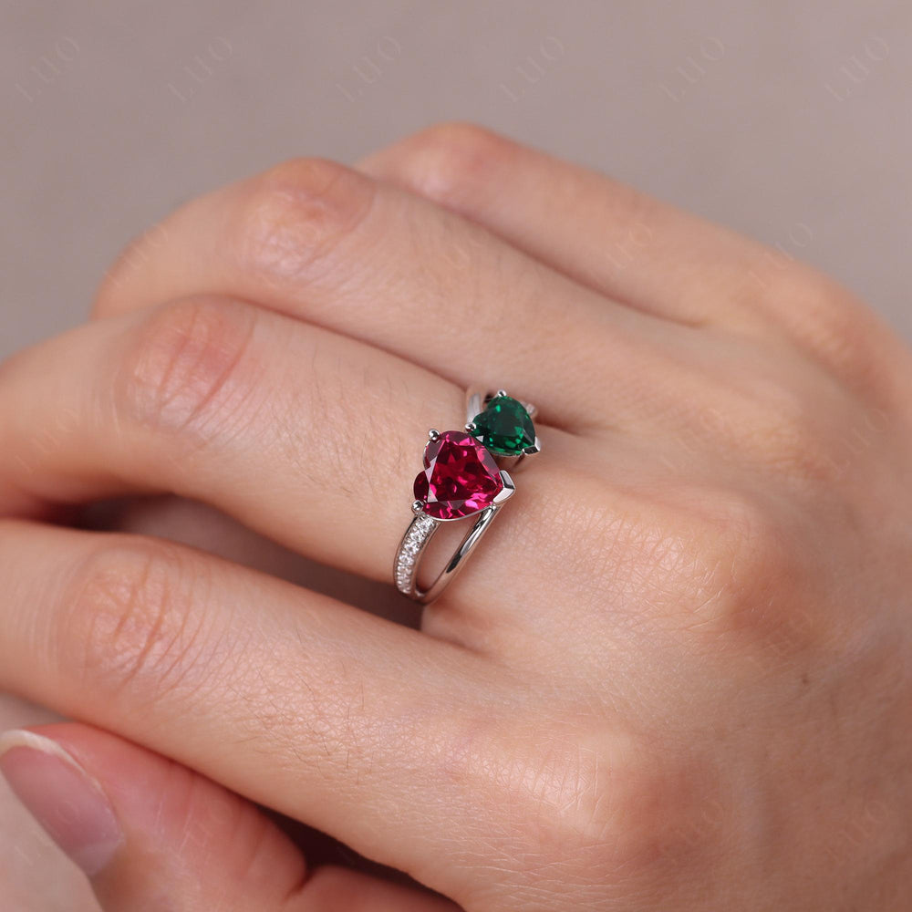 Heart Shaped Lab Emerald and Lab Ruby Toi Et Moi Ring