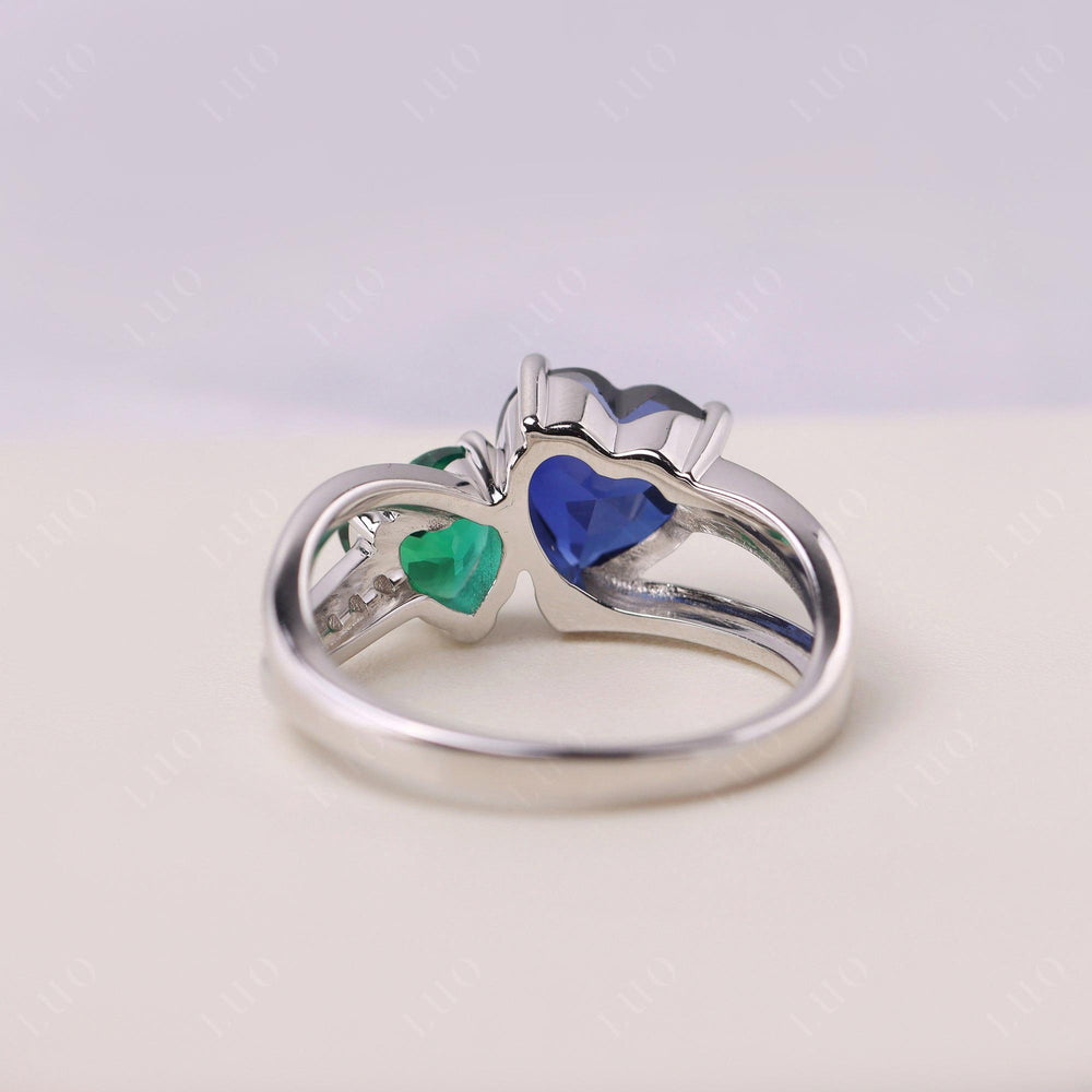 Heart Shaped Lab Emerald and Lab Sapphire Toi Et Moi Ring