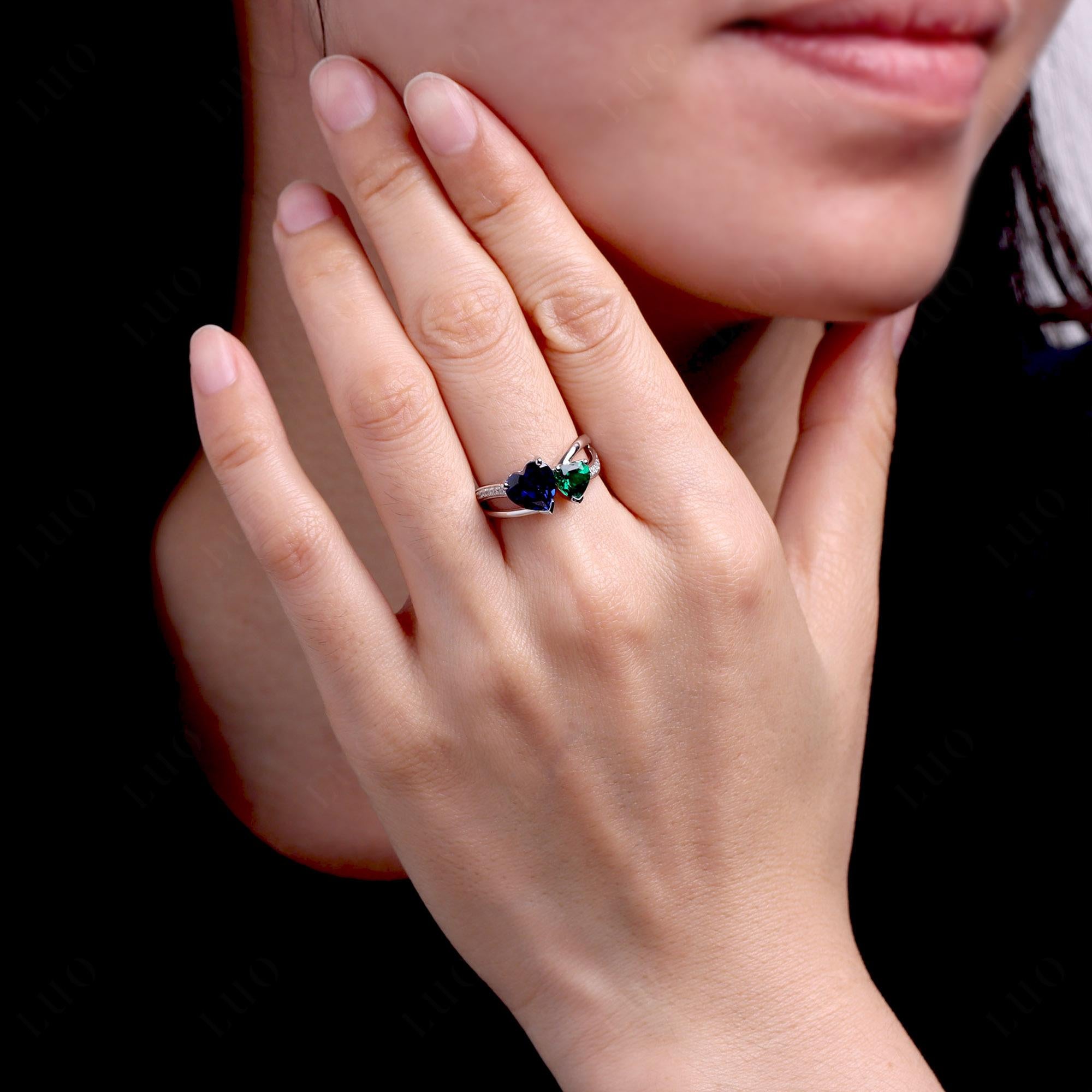 Heart Shaped Emerald and Sapphire Toi Et Moi Ring - LUO Jewelry
