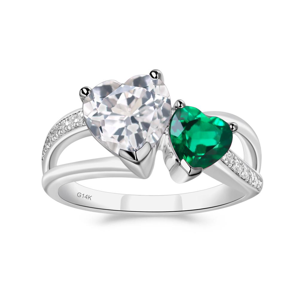 Heart Shaped Emerald and White Topaz Toi Et Moi Ring - LUO Jewelry #metal_14k white gold