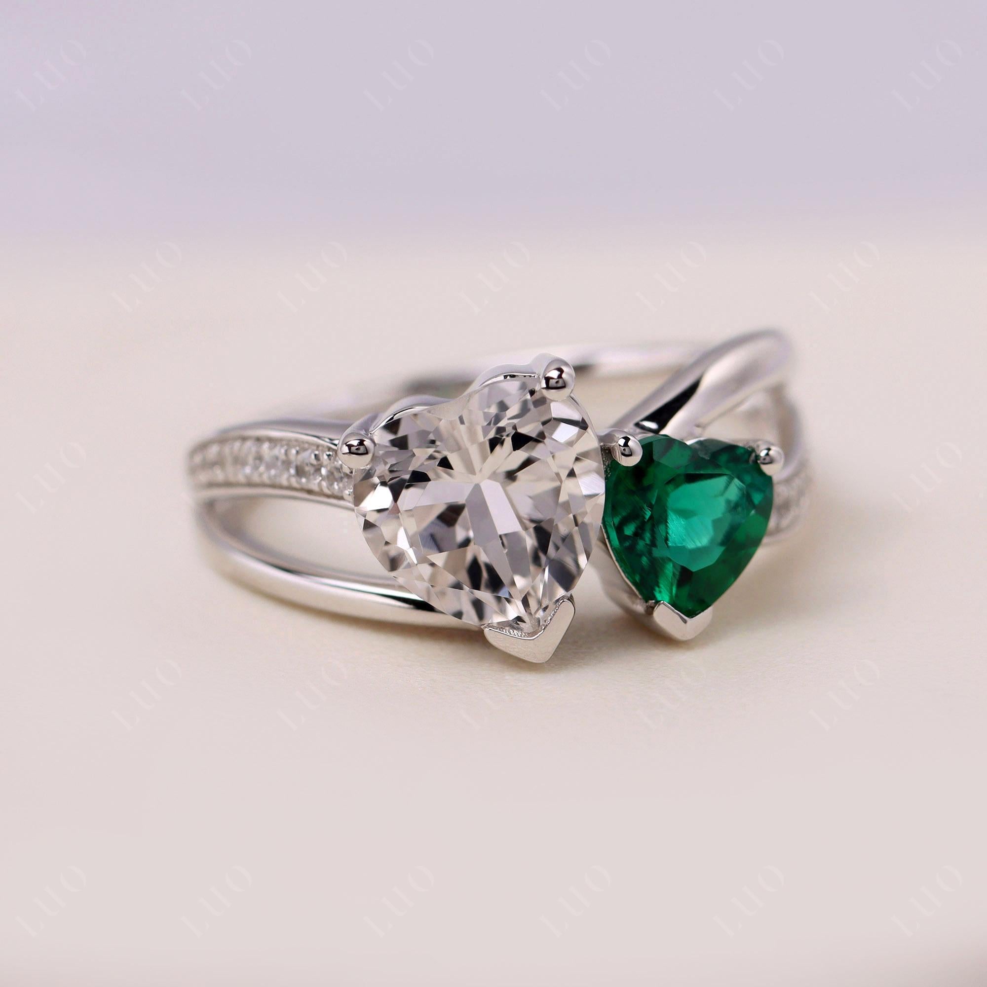 Heart Shaped Emerald and White Topaz Toi Et Moi Ring - LUO Jewelry