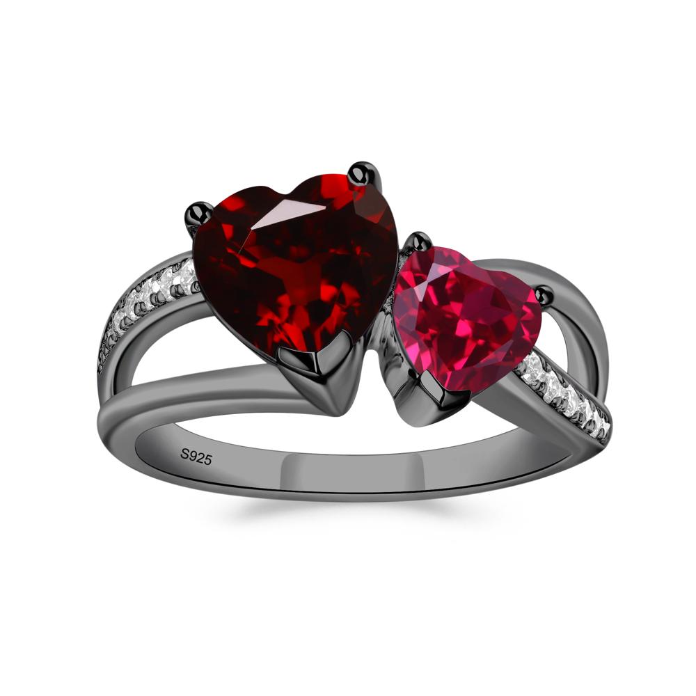 Heart Shaped Garnet and Ruby Toi Et Moi Ring - LUO Jewelry #metal_black finish sterling silver