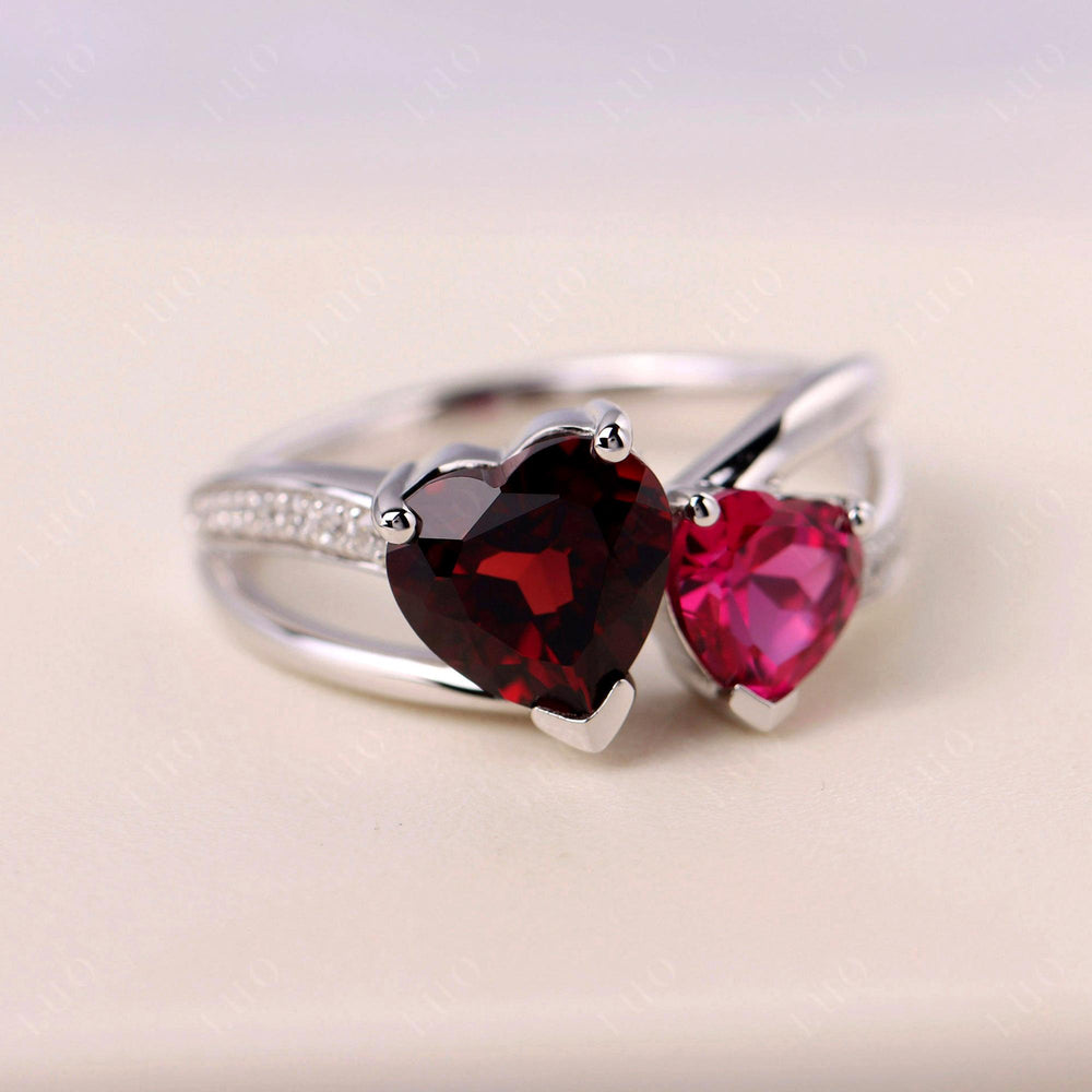 Heart Shaped Garnet and Lab Ruby Toi Et Moi Ring