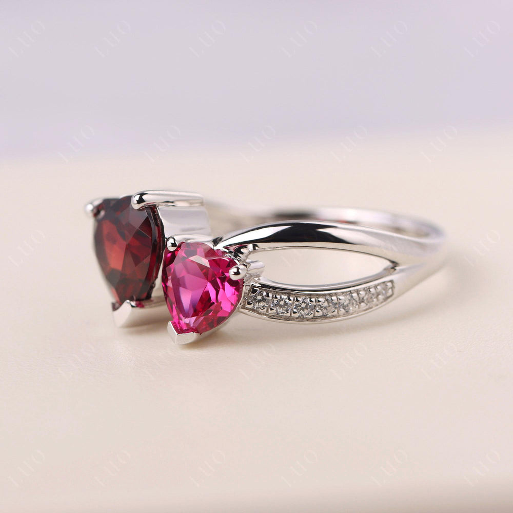 Heart Shaped Garnet and Lab Ruby Toi Et Moi Ring