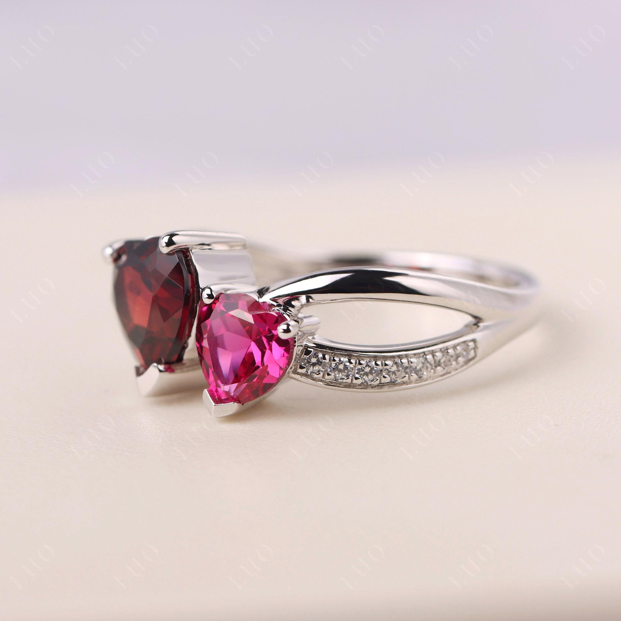 Heart Shaped Garnet and Ruby Toi Et Moi Ring - LUO Jewelry