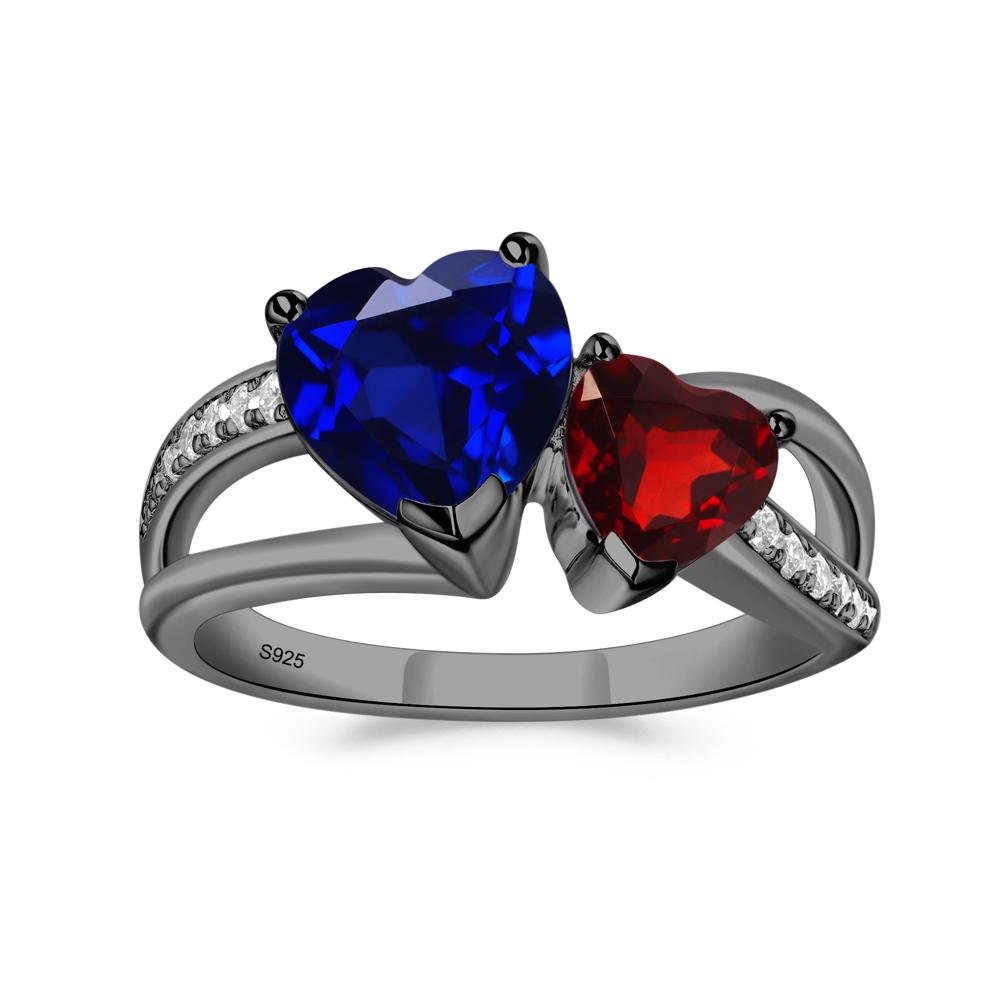Heart Shaped Garnet and Sapphire Toi Et Moi Ring - LUO Jewelry #metal_black finish sterling silver