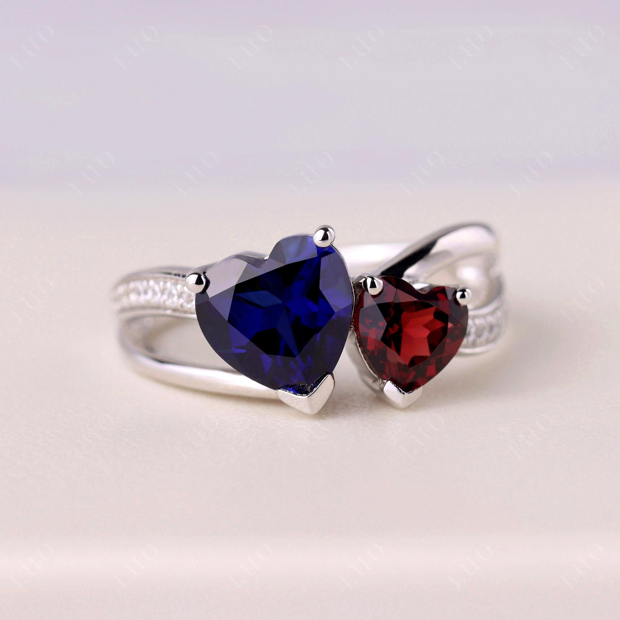 Heart Shaped Garnet and Sapphire Toi Et Moi Ring - LUO Jewelry