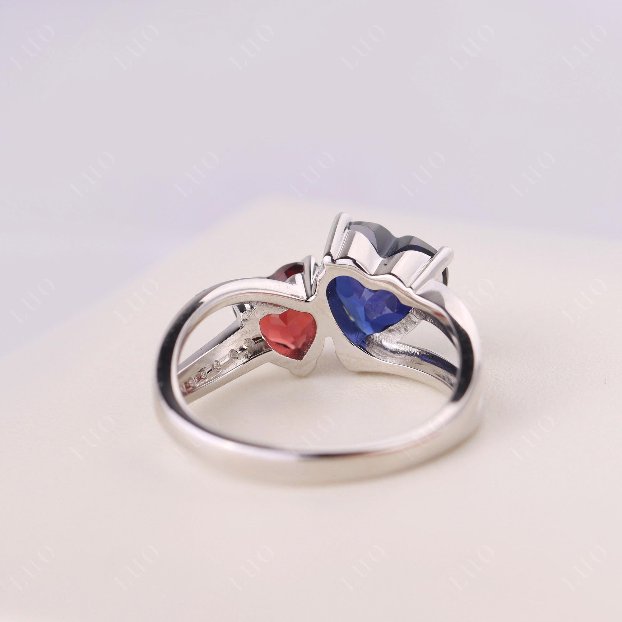 Heart Shaped Garnet and Sapphire Toi Et Moi Ring - LUO Jewelry