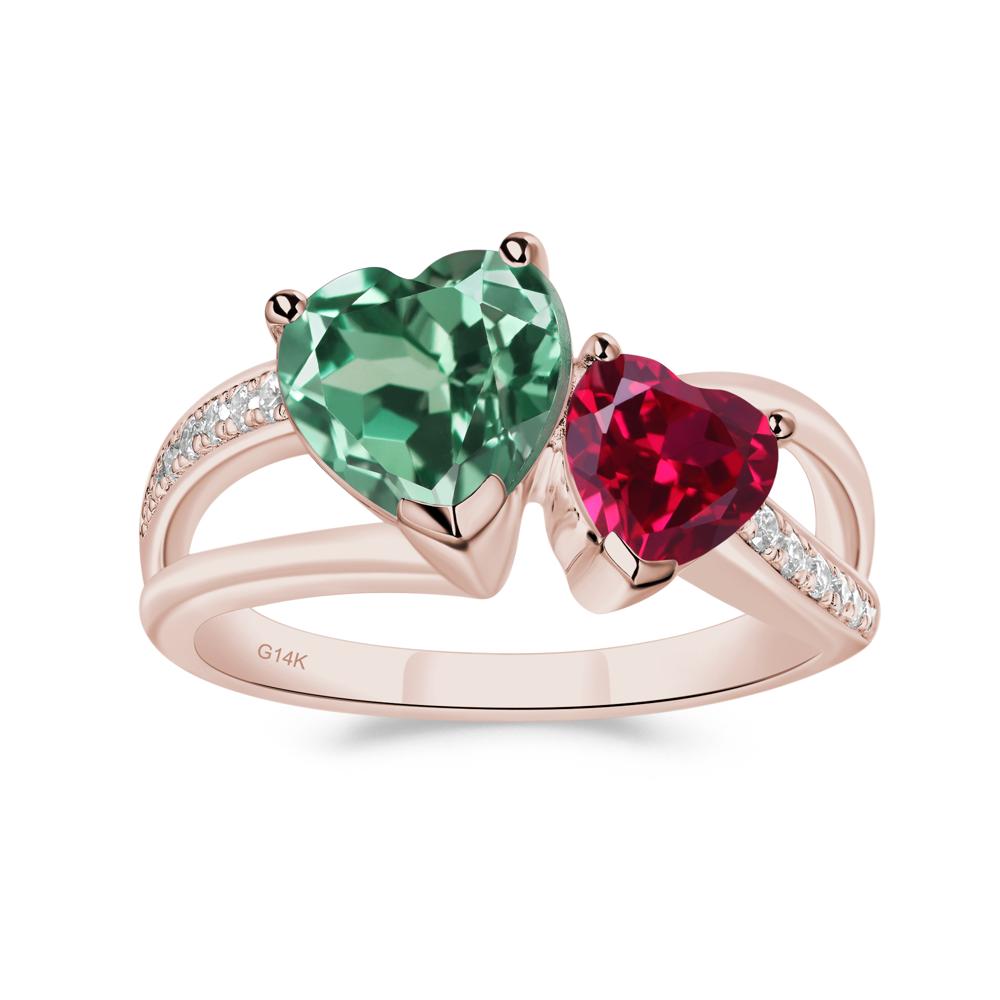 Heart Shaped Lab Green Sapphire and Ruby Toi Et Moi Ring - LUO Jewelry #metal_14k rose gold