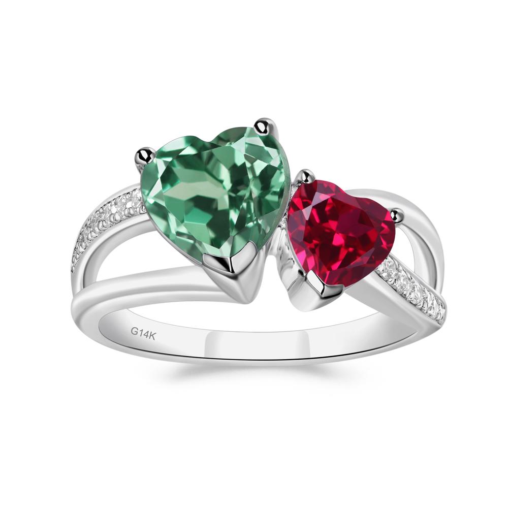 Heart Shaped Lab Green Sapphire and Ruby Toi Et Moi Ring - LUO Jewelry #metal_14k white gold
