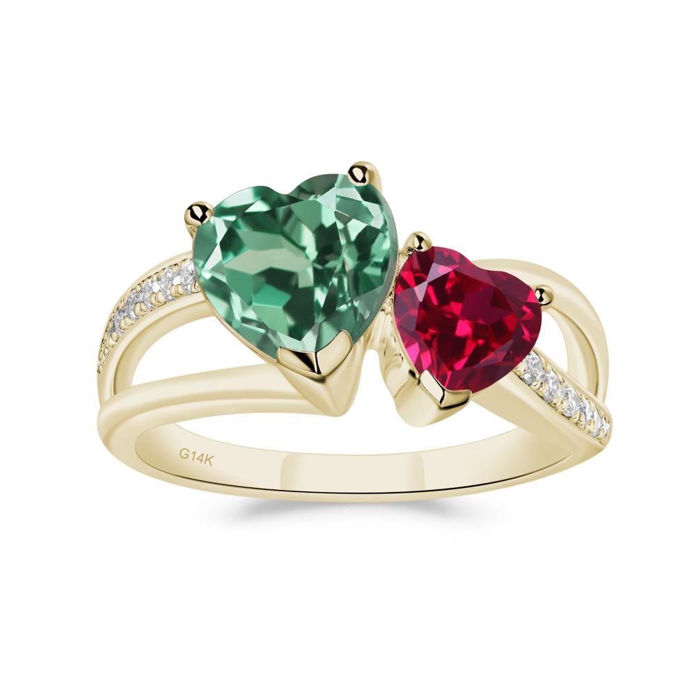 Heart Shaped Lab Green Sapphire and Ruby Toi Et Moi Ring - LUO Jewelry #metal_14k yellow gold
