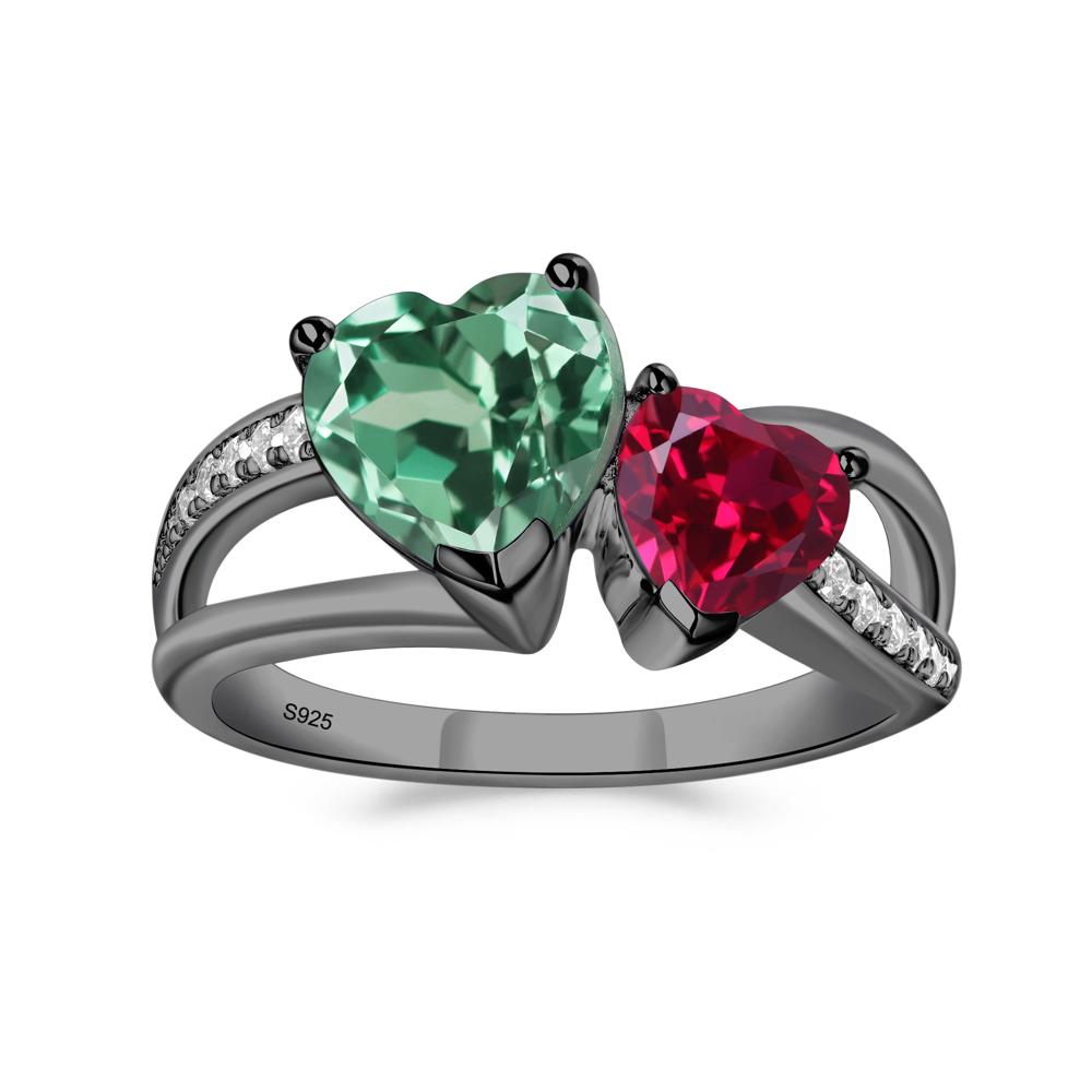 Heart Shaped Lab Green Sapphire and Ruby Toi Et Moi Ring - LUO Jewelry #metal_black finish sterling silver