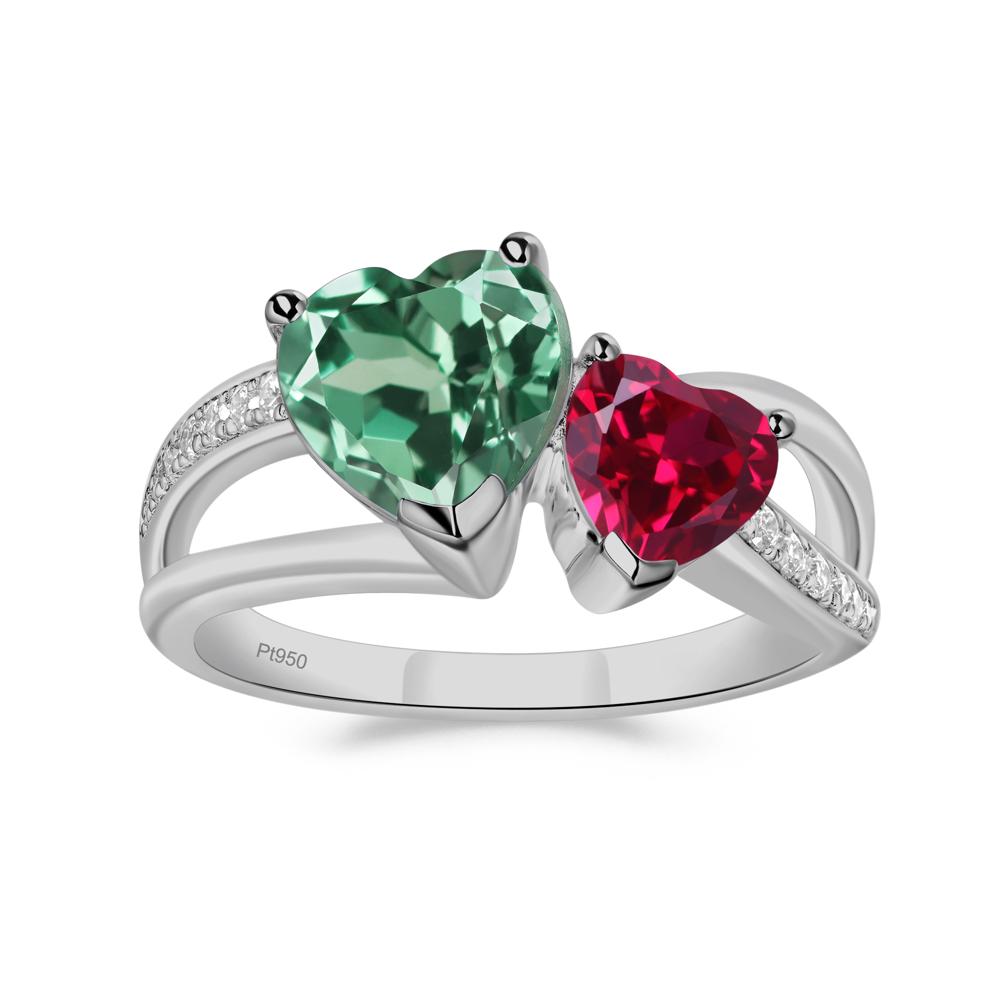 Heart Shaped Lab Green Sapphire and Ruby Toi Et Moi Ring - LUO Jewelry #metal_platinum