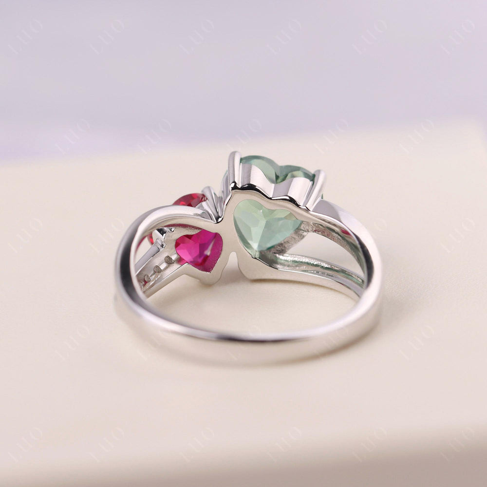 Heart Shaped Lab Green Sapphire and Lab Ruby Toi Et Moi Ring