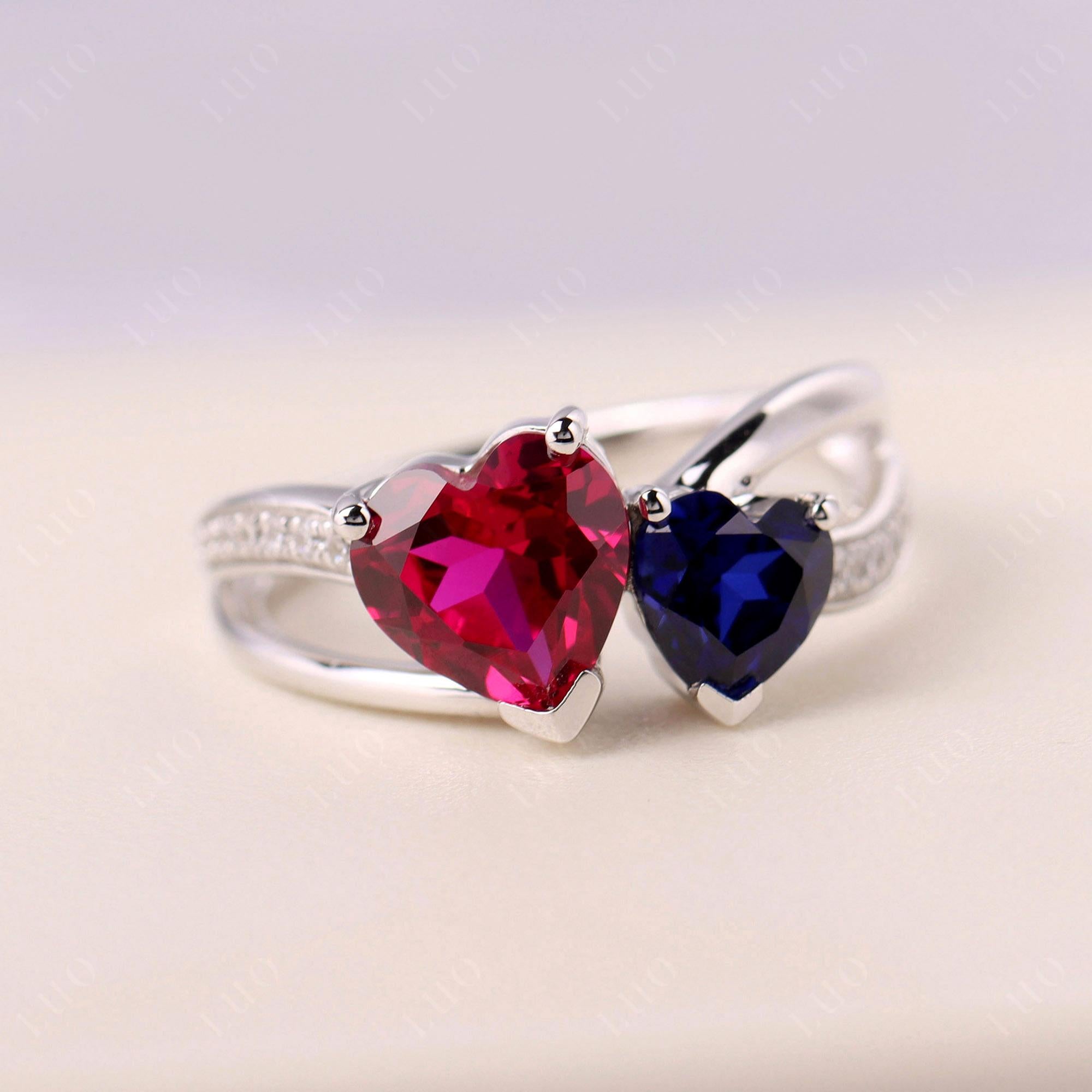 Heart Shaped Ruby and Sapphire Toi Et Moi Ring - LUO Jewelry