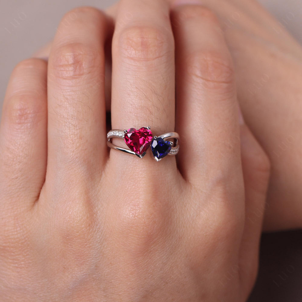 Heart Shaped Lab Ruby and Lab Sapphire Toi Et Moi Ring