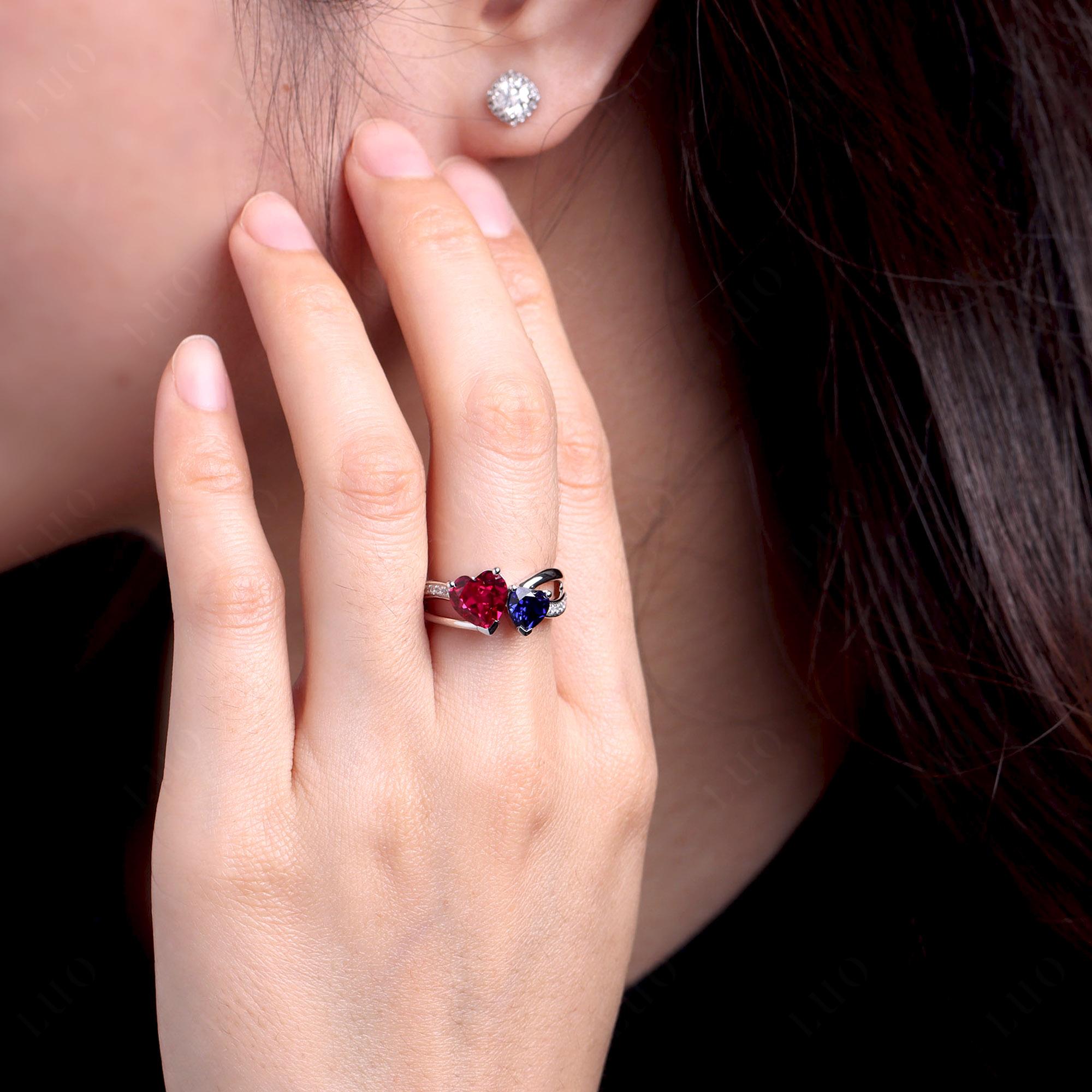 Heart Shaped Ruby and Sapphire Toi Et Moi Ring - LUO Jewelry