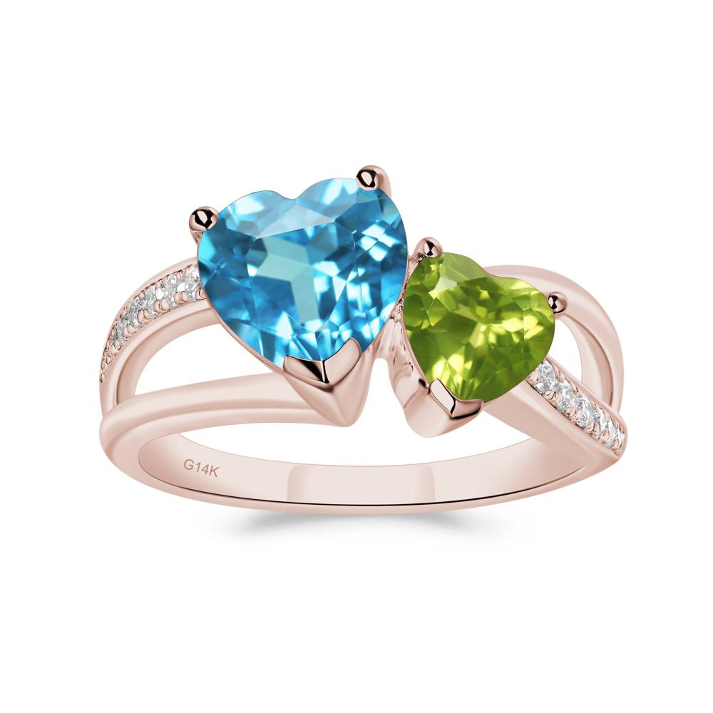 Heart Shaped Swiss Blue Topaz and Peridot Toi Et Moi Ring - LUO Jewelry #metal_14k rose gold