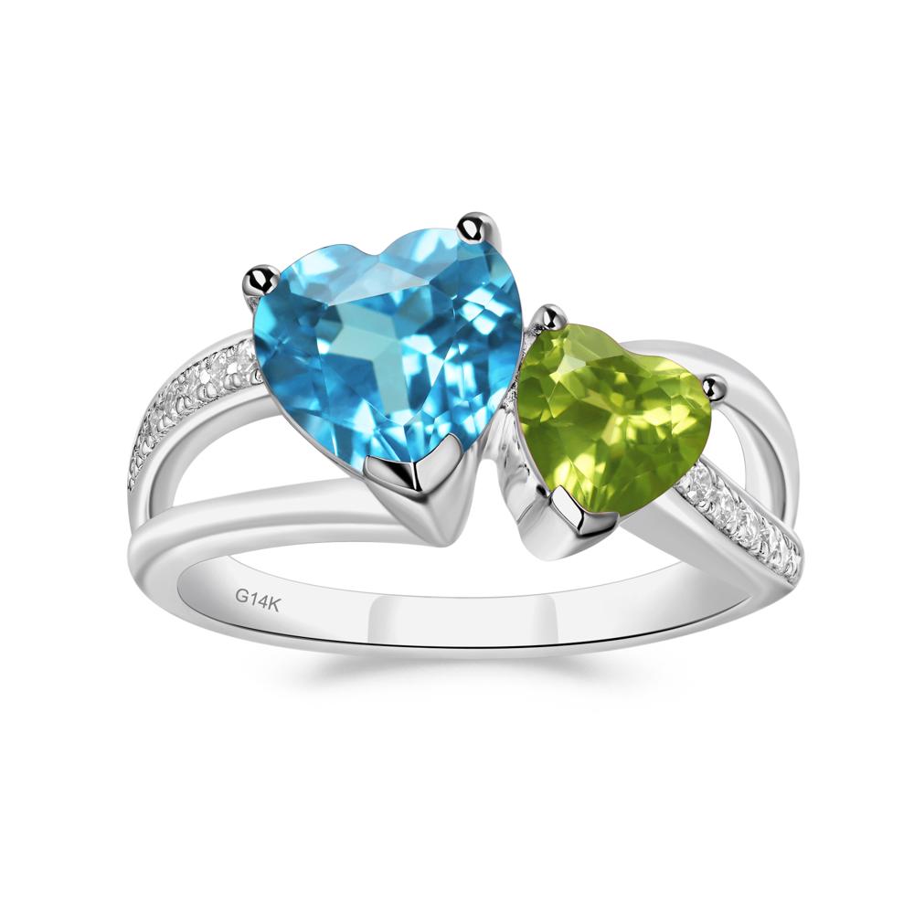 Heart Shaped Swiss Blue Topaz and Peridot Toi Et Moi Ring - LUO Jewelry #metal_14k white gold