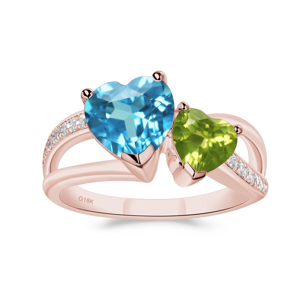 Heart Shaped Swiss Blue Topaz and Peridot Toi Et Moi Ring - LUO Jewelry #metal_18k rose gold
