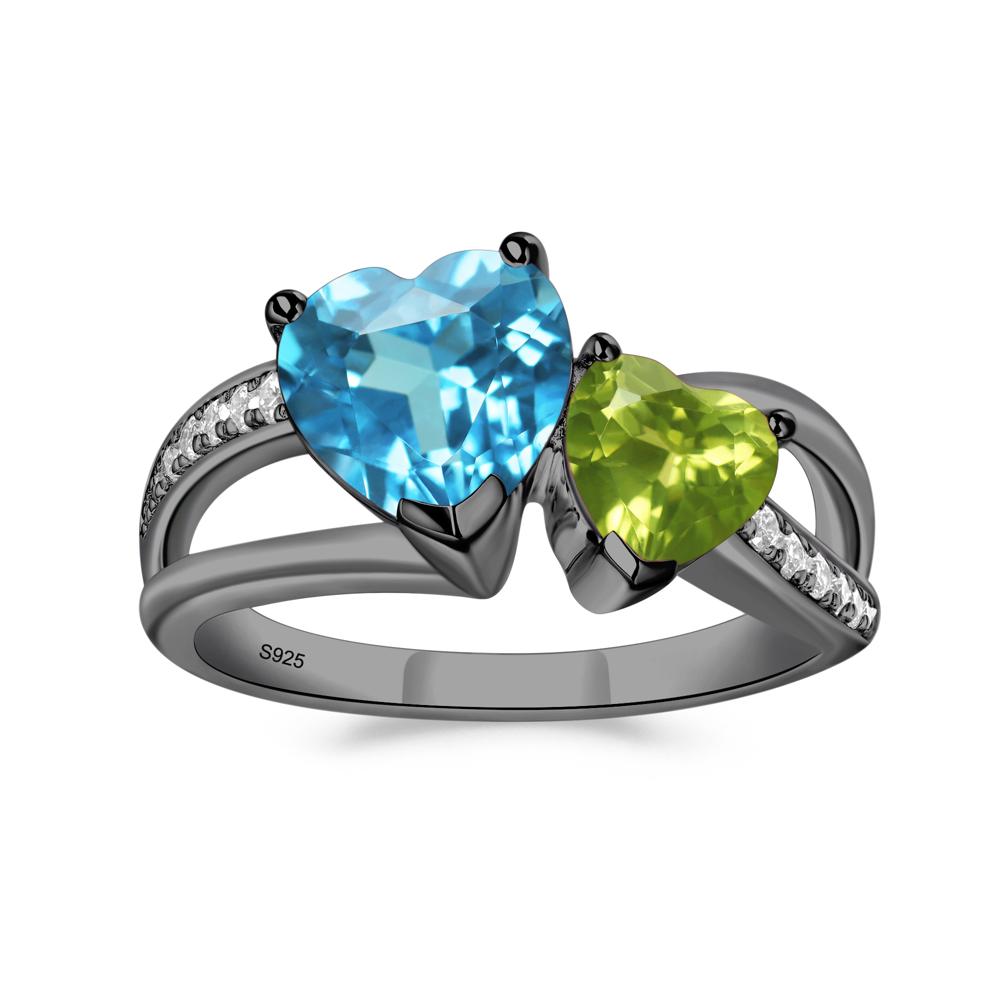 Heart Shaped Swiss Blue Topaz and Peridot Toi Et Moi Ring - LUO Jewelry #metal_black finish sterling silver