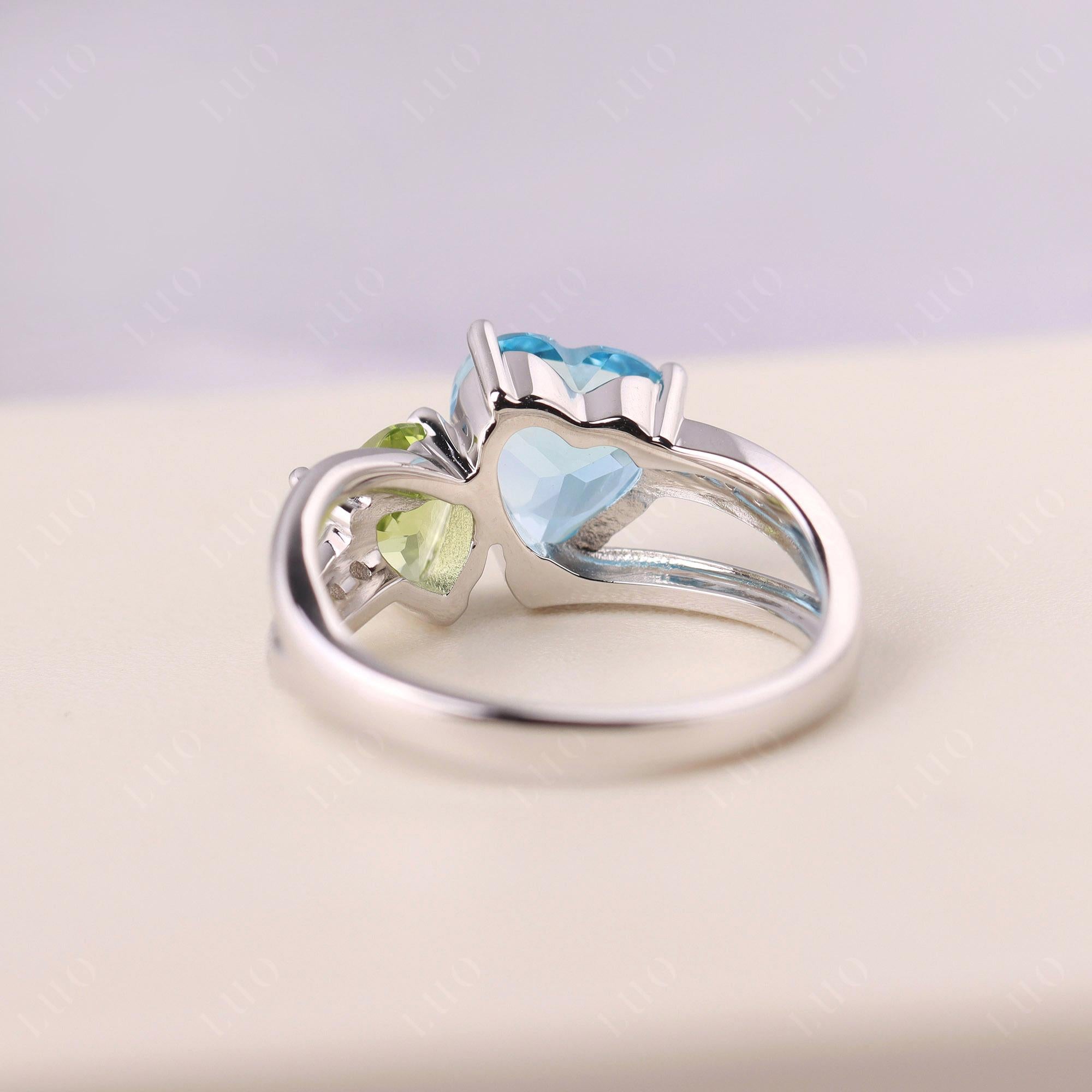Heart Shaped Swiss Blue Topaz and Peridot Toi Et Moi Ring - LUO Jewelry