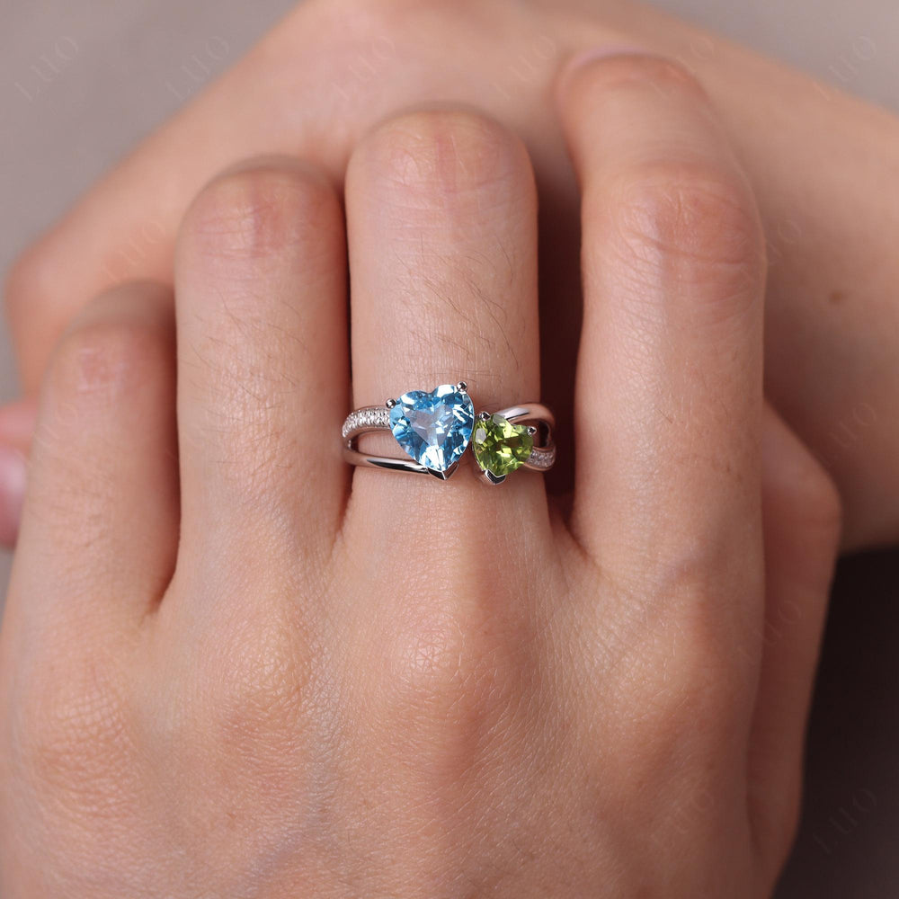 Heart Shaped Swiss Blue Topaz and Peridot Toi Et Moi Ring