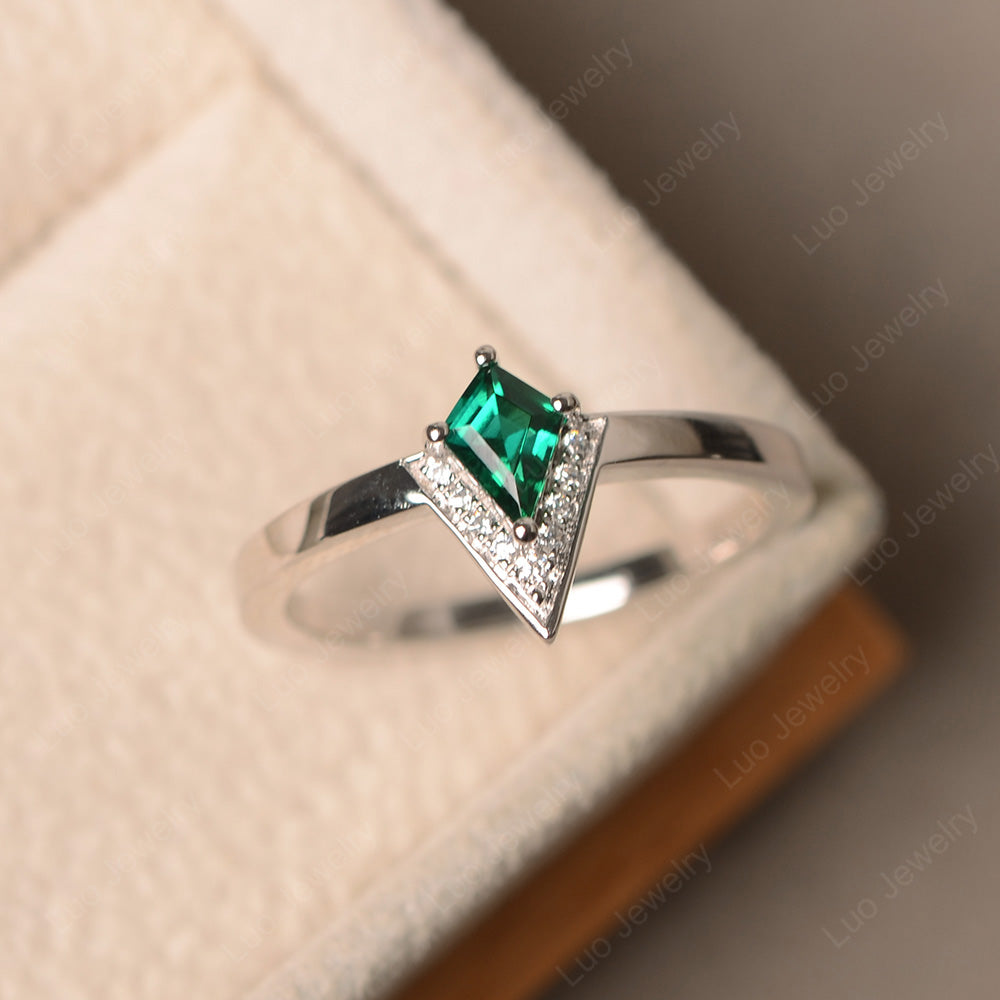 V Shaped Kite Cut Lab Emerald Ring White Gold - LUO Jewelry