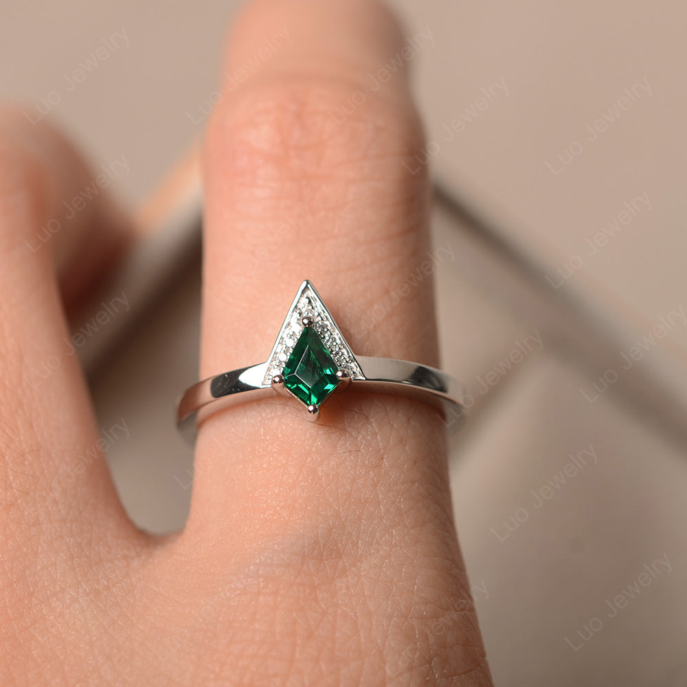 V Shaped Kite Cut Lab Emerald Ring White Gold - LUO Jewelry