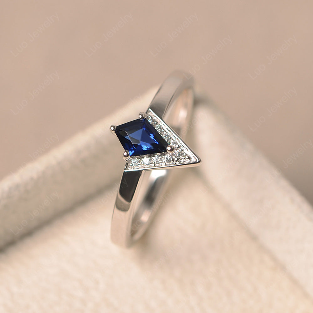 V Shaped Kite Cut Lab Sapphire Ring White Gold - LUO Jewelry