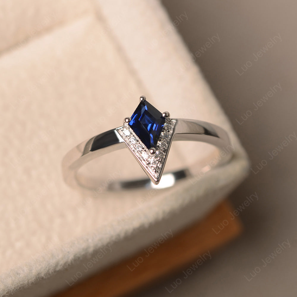 V Shaped Kite Cut Lab Sapphire Ring White Gold - LUO Jewelry