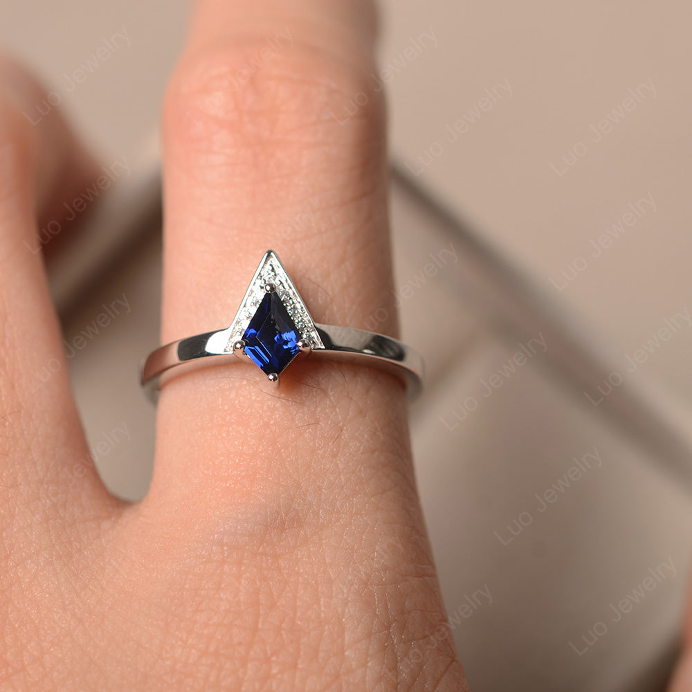 V Shaped Kite Cut Lab Sapphire Ring White Gold - LUO Jewelry