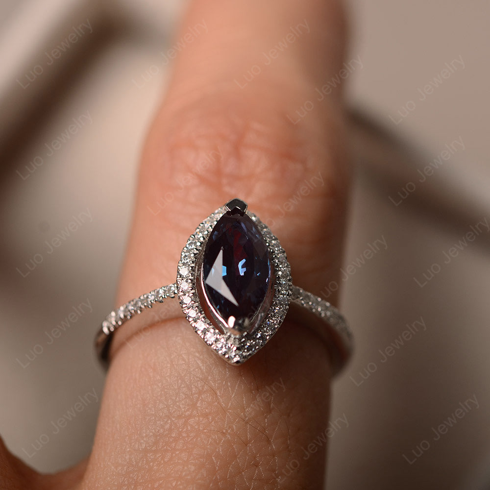 Alexandrite Ring Marquise Cut Halo Wedding Ring - LUO Jewelry