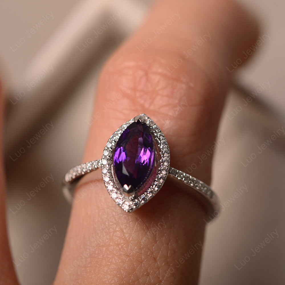 Amethyst Ring Marquise Cut Halo Wedding Ring - LUO Jewelry