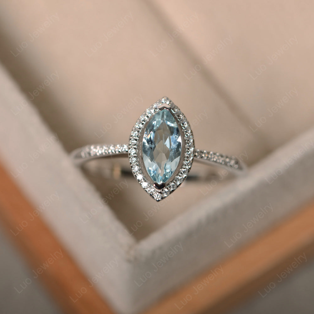 Aquamarine Ring Marquise Cut Halo Wedding Ring - LUO Jewelry