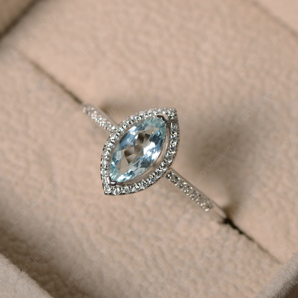 Aquamarine Ring Marquise Cut Halo Wedding Ring - LUO Jewelry