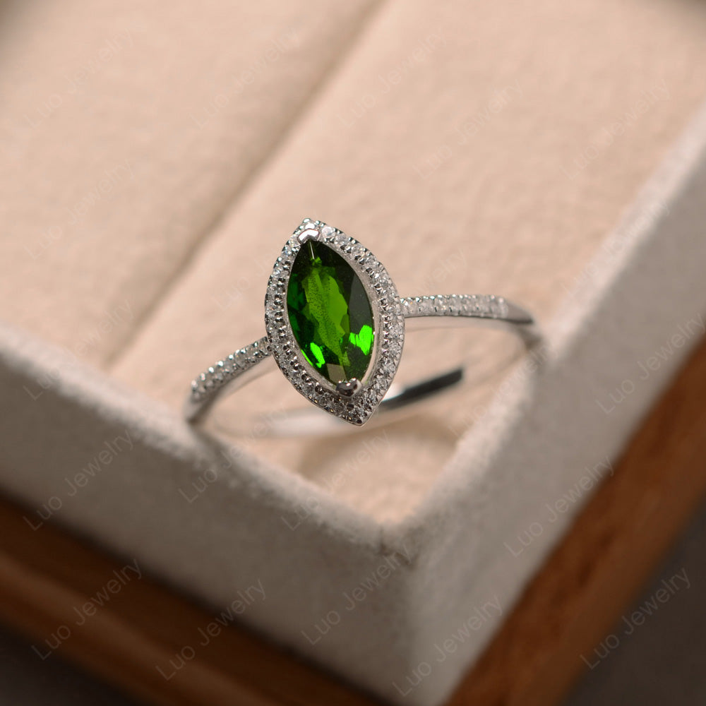 Diopside Ring Marquise Cut Halo Wedding Ring - LUO Jewelry