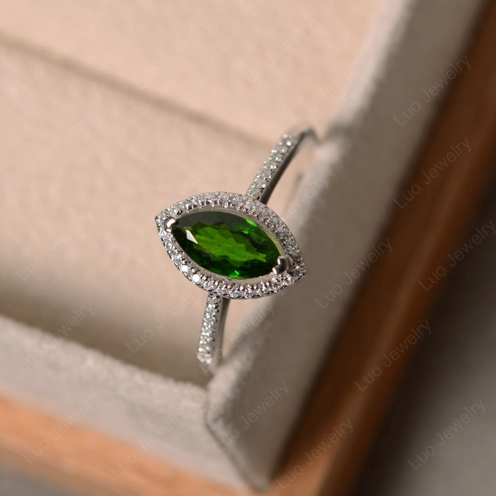 Diopside Ring Marquise Cut Halo Wedding Ring - LUO Jewelry